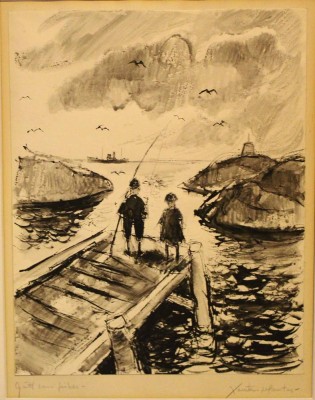 Auktion 365<br>unleserl. signiert, Kinder beim Fischen, wohl Skandinavien, Lithographie, gerahmt, RG 65x54 cm [1]