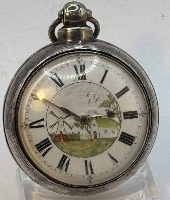 Auktion 366<br>antike Spindeluhr in Silbergehäuse,Emaille-Zifferblatt mit  Landschaft mit Mühle, schöner Kloben, sehr guter Zustand, Werk läuft, in Silber Schutzhülle, Birmingham 1845, D-5,5 cm [1]