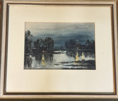 Auktion 366<br>Simoleit Hans,  (1908-1975,)  1947, Aquarell,  Häuser am See, gut gerahmt/Glas, RG 42x50 cm [1]