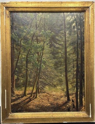 Auktion 366<br>unleserl. sign. Waldweg, Öl/Platte, alt gerahmt, RG  51x41 cm [1]