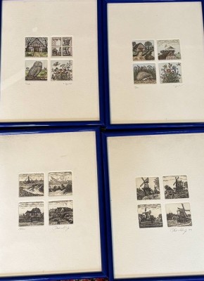 Auktion 366<br>Peter Lenz (oder ähnlich) 4 Rahmen mit je 4 Farbradierungen, norddt. Motive in /150-er Auflage, RG je 25x19 cm [1]
