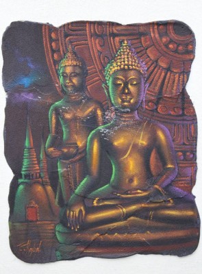 Auktion 366<br>unleserl. signiert, Buddhas, Öl/Hartfaser, wohl Thailand, leicht restau.bedürftig, gerahmt, RG 44 x 38,5cm [1]