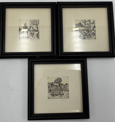 Auktion 366<br>Rüb, 3x kl. Lithos, sign. und Nummer 138/500, ger/Glas, 11x11 cm [1]