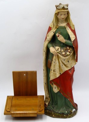 Auktion 366<br>hohe Stuck Staue der Hl. Elisabeth von Ungarn, farbig gefasst, mit Wandkonsole, H-54 cm, kl. Abplatzer an Händen etc., Schutzpatronin unter anderem der Bäcker, Obdachlosen, Krankenhäuser und Witwen. [1]