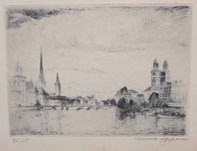Auktion 366<br>unleserl.signierte Radierung, Ansicht Zürich, ger./Glas, RG 22,5 x 28cm [1]
