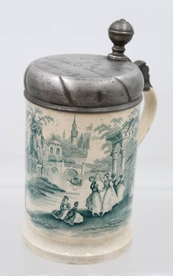 Auktion 366<br>Steingut-Bierhumpen mit Zinndeckel dieser mit Namensgravur und datiert 1849, Krug gemarkt Balyses, Stand mit Abplatzer, ca. H-22cm [1]