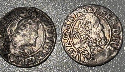 Auktion 366<br>2x antike Silbermünzen, Ferdinand II, 1628, und 1645, , ev. anderer Herrscher? D-ca. 2 cm, zus. 3,6 gr [1]