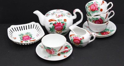 Auktion 366<br>10 Teile handdekoriertes Teegeschirr, Friesenrose, Teekanne H-10 cm [1]