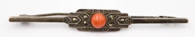 Auktion 366<br>Art Deko Silbernadel -830-mit Koralle und Markasiten, 3,2 gr., ca. 5,8  cm [1]