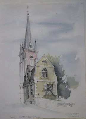 Auktion 366<br>Christel Hudemann, Torhaus und St. Martinskirche, Aquarell, gerahmt/Glas, RG 64 x 53cm [1]