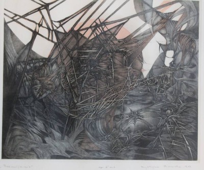 Auktion 366<br>unleserl. signiert, abstrakte Landschaft, RAdierung, betitelt 