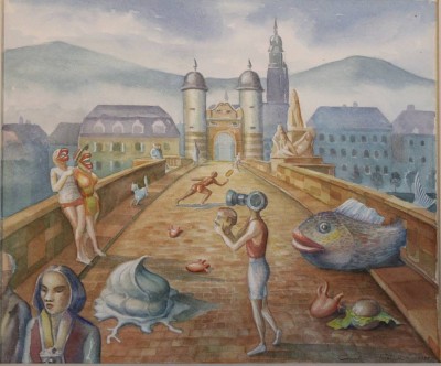 Auktion 366<br>Cornelia Franke, abstrakte Landschaft mit Personen, Aquarell, gerahmt/Glas, RG 61 x 81cm [1]