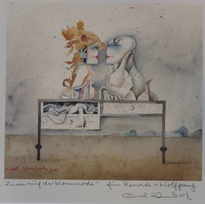 Auktion 366<br>Carl LAMBERTZ (1910-1996), Abstrakt, Litho, mit Widmung, gerahmt/Glas, RG 61 x 51cm [1]