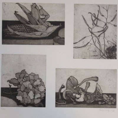 Auktion 366<br>Inge Wulff 1978 o.ä., 4x div. kl. Radierungen auf einem Blatt, Nr. 12/50, gerahmt/Glas, RG 52 x 54cm [1]