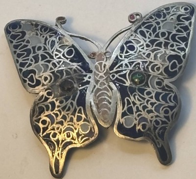 Auktion 366<br>gr. Silber Schmetterlings-Brosche , Plique a Jour Glas mit Farbsteinen [1]
