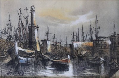 Auktion 366<br>unleserl.signiert '83, Hafenszene, Mischtechnik auf Stoff, ger./Glas, RG 34 x 44cm [1]