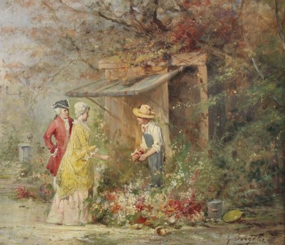 Auktion 366<br>G.Bangetti o.ä., galantes Paar beim Gärtner, Öl/Leinwand, gerahmt, RG 50,5 x 55,5cm [1]