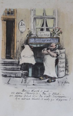 Auktion 366<br>Heinrich Zille (1858-1929), Meine Wurst is jut, Lithographie, Blatt stockfleckig, ger./Glas, RG 61 x 50cm [1]