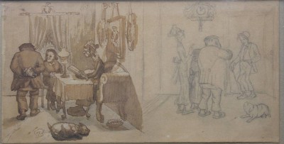 Auktion 366<br>Zeichnung/Mischtechnik, wohl H. Zille, älter, 2 Motive in einem, verso Skizzen, keine Signatur, mittig Faltstelle, ger./Glas, RG 21 x 36,5cm [1]