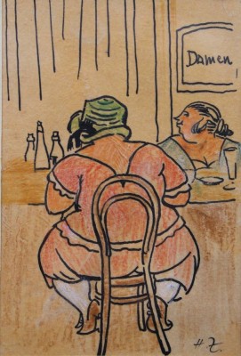 Auktion 366<br>Heinrich Zille (1858-1929), Federzeichnung, koloriert, Damen, monogrammiert, ger./Glas, RG 27 x 23cm [1]