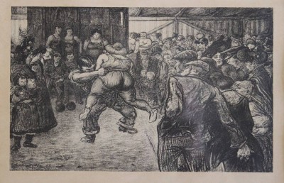 Auktion 366<br>ZILLE, Heinrich(1858 -1929), Ringkampf in der Schaubude, Heliogravüre, in Platte signiert, geramht/Glas, RG 34 x 41,cm [1]