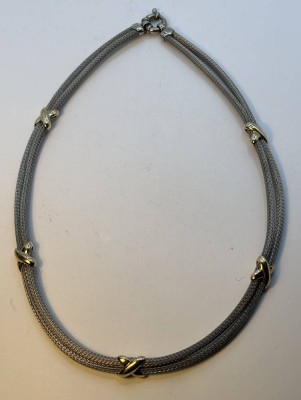 Auktion 366<br>zweireihige Silber-925- Halskette, Kronenmarke, vergoldete Applikationen, L-43 cm, 26,7 gr [1]