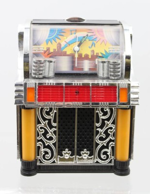 Auktion 366<br>Tischuhr in Form einer Jukebox, Meister Anker, Batteriewerk, Weckfunktion scheint defekt, H-19cm B-15cm T-10cm [1]