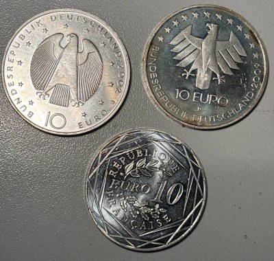Auktion 366<br>3x 10 Euro Münzen, 2x Deutschland 2002 und 2009, 1x France 2018 [1]