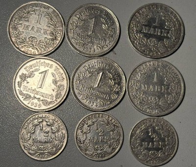Auktion 366<br>6x 1 Reichsmark, 3x 1/2 Mark, Kaiserreich und Deutsches Reich [1]