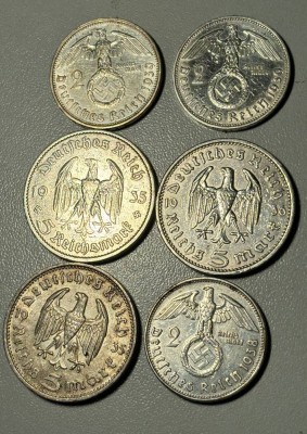 Auktion 366<br>3x 5 Reichsmark, 3x 2 Reichsmark, 3.Reich, 1930-er Jahre [1]