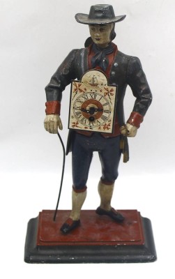 Auktion 366<br>gr. Gusseisernes  Schwarzwälder Uhrenmännchen mit Uhren, wohl Mitte 20.Jhd., H-39 cm [1]