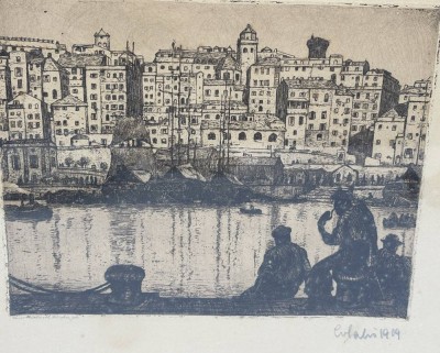 Auktion 366<br>unleserl. sign. Radierung, 1909, gedruckt bei Wetteroth, München, ger/Glas, RG 31x38 cm [1]