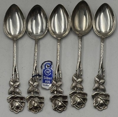 Auktion 366<br>5x Silber-835- Moccalöffel,  ca. 10 cm, 52 gr. Rosenmuster [1]