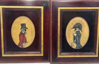 Auktion 366<br>2 Biedermeier-Schattenrisse, aquarelliert, ovaler Bildausschnitt, 18x13 cm,  alt gerahmt, RG  37x32 cm [1]