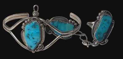 Auktion 367<br>Silber-Spange mit Fingerring, Türkise, RG 59, 26,7 gr [1]