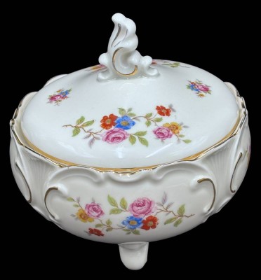 Auktion 367<br>gr. Art Deco Bonbonniere, Edelstein Bavaria, H-17 cm, D-17 cm, Blumendekor [1]