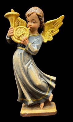 Auktion 367<br>Holz Musikengel, mit Waldhorn, Alpenländisch, farbig gefasst, H-15 cm [1]