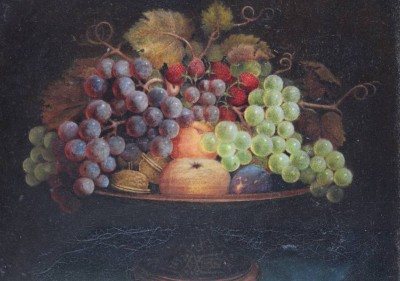 Auktion 367<br>unsigniertes Stilleben, Früchtekorb, 19. Jhd., verso bez. 