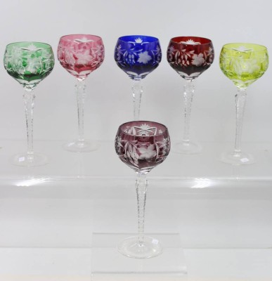 Auktion 367<br>6x Wein-Römer, wohl WMF Crystal-Cabinet, Buntglas beschliffen, je ca. H-20,8cm [1]