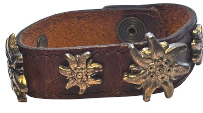 Auktion 367<br>altes Leder-Armband mit Druckknopf, 5 Edelweiss-Blüten, versilbert, L-21 cm, B-2 cm [1]