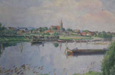 Auktion 367<br>Franz GRAF (1954), Ansicht Nienburg, Öl/Leinwand, leicht restau.bed., gerahmt, RG 81,5 x 100cm, Sperrgutversand [1]