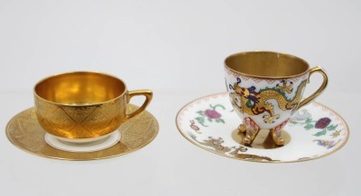 Auktion 367<br>2x div. Mokkatassen, Rosenthal Golddekor und Jaeger &Co asiat. Dekor diese leider geklebt, ca. H-3,5cm und 5,3cm [1]