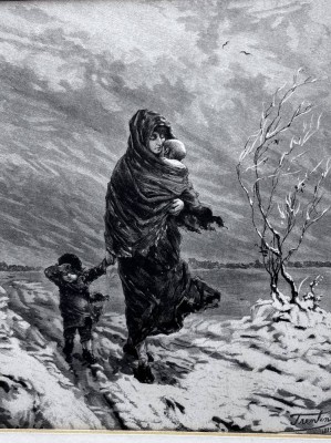 Auktion 367<br>unleserl. signierte Radierung 1882, Mutter mit Kindern im Wintersturm, ger/Glas, RG 36x31 cm [1]