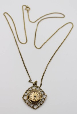 Auktion 367<br>Vintage-Damen-Umhängeuhr, Glashütte, Handaufzug, Werk läuft, an Kette, ca. L-76cm, Uhr L-3,5cm [1]