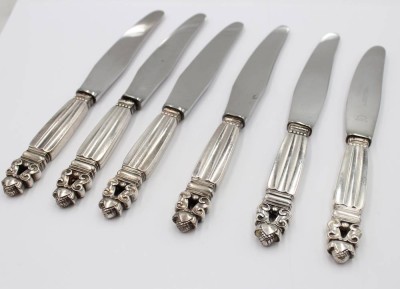 Auktion 370<br>6x Speisemesser, Georg Jensen, Acorn, Sterling-Griffe, ca. L-21,5cm [1]