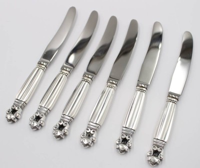 Auktion 370<br>6x Dessertmesser, Georg Jensen, Acorn, Sterling-Griffe, ca. L-16,8cm [1]