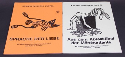 Auktion 367<br>2x Erzählungen von K.R. Zupfel mit tw. handsignierten Original Linolschnitten von Dieter C. Günther (1949-2925), wohl beide in Selbstauflage in 250-er Ausgaben, PP 30x21 cm [1]