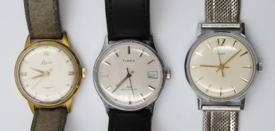 Auktion 367<br>3x div. Vintage-Armbanduhren, 1x russisch (Werk steht), Laco (Werk steht), Timex (Werk läuft an), Tragespuren, ca. D-3-3,5cm [1]