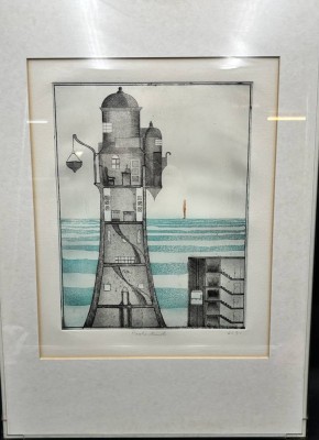 Auktion 367<br>K.O., 71, gr. Leuchtturm Grafik ungerahmt, BG ca. 40x33 cm, Probedruck bezeichnet [1]