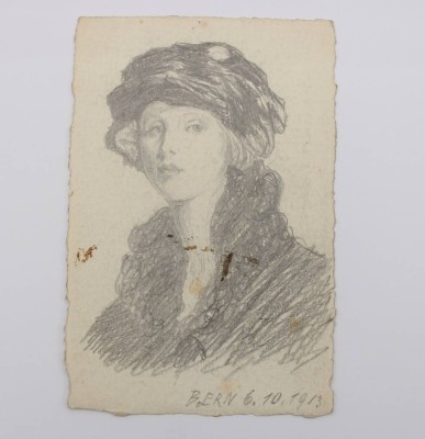Auktion 367<br>Damen-Portait-Zeichnung, Bern 6.10. 1913, ungerahmt, Blatt reinigungsbedürftig, ca. BG 13,5 x 9cm [1]